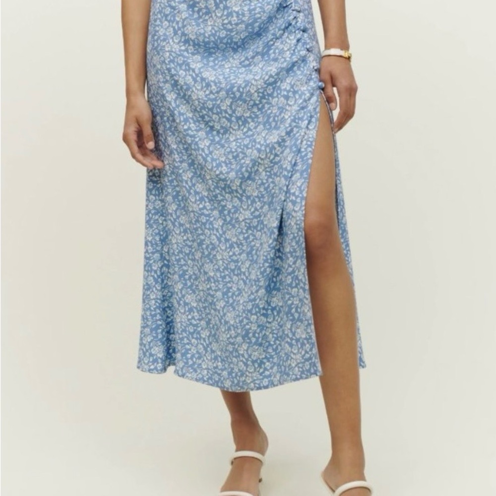 Reformation Grazie Light Blue Floral Midi Skirt with Side Slit